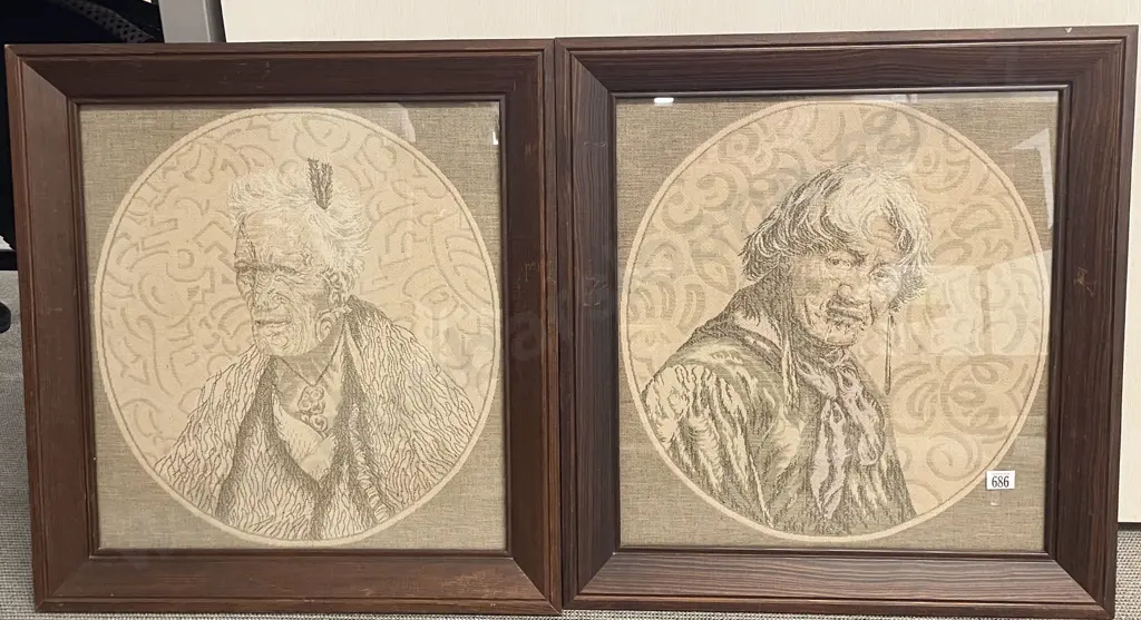 Pair of Framed Machine Woven Tapestries of Goldie Maori Portraits Image 1++