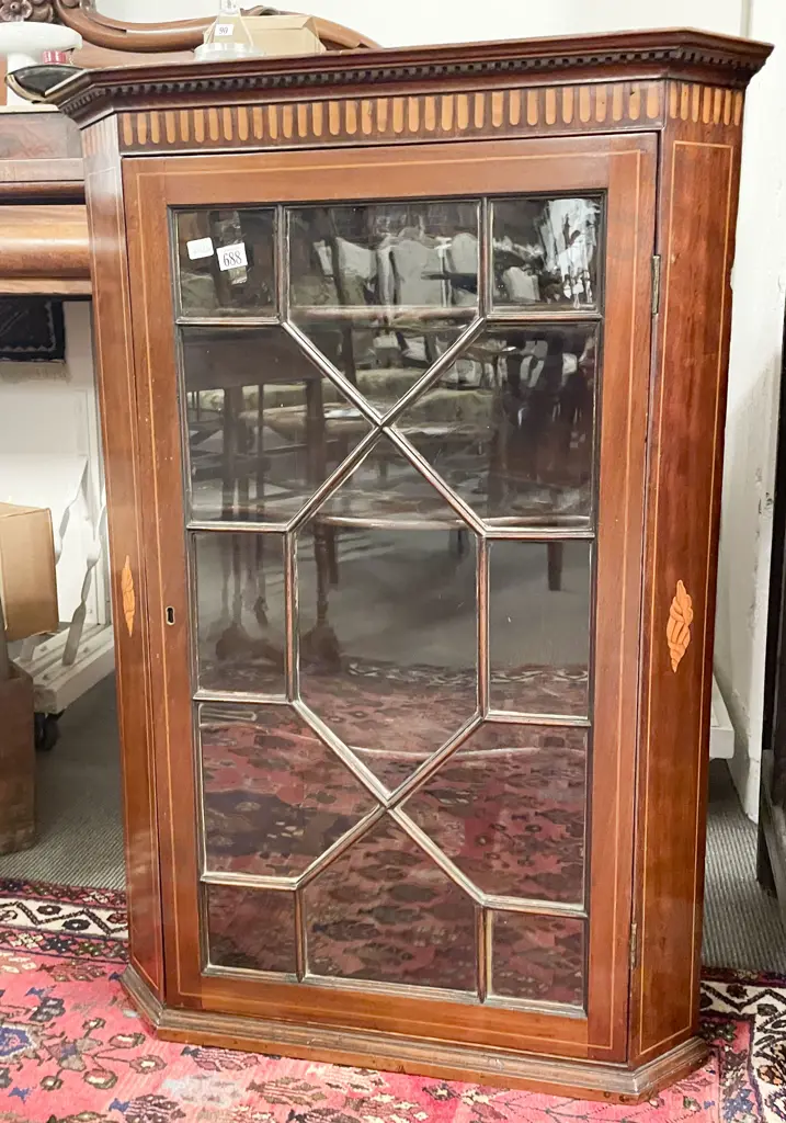 Geo III Mahogany & Inlaid Astragal Glazed Corner Cabinet Image 1++