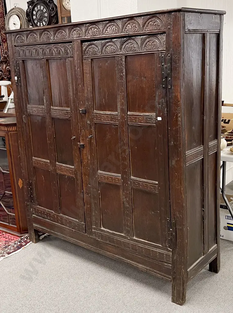 C17th Carved English Oak Two Door Linen Cupboard Image 1++