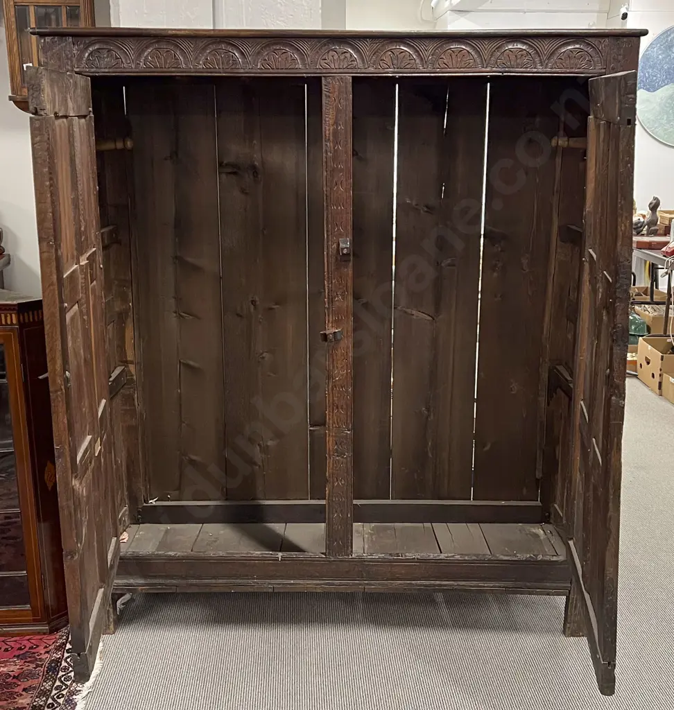 C17th Carved English Oak Two Door Linen Cupboard Image 1++