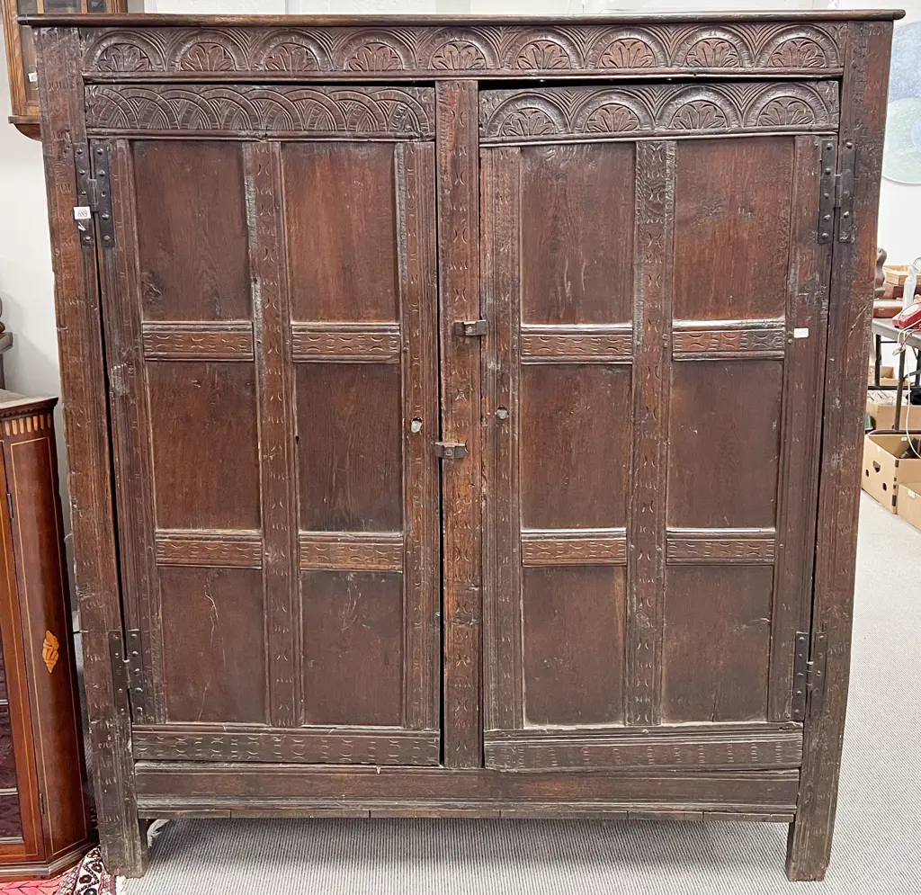 C17th Carved English Oak Two Door Linen Cupboard Image 1++