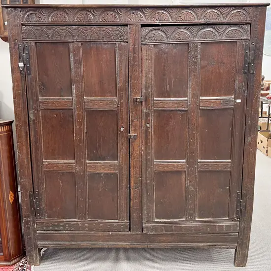 C17th Carved English Oak Two Door Linen Cupboard