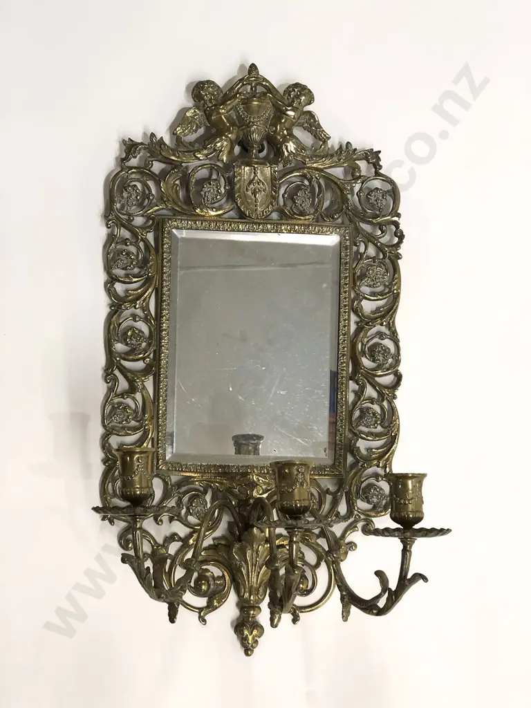 C19th Cast Brass Three Candle Sconce Wall Mirror Image 1++
