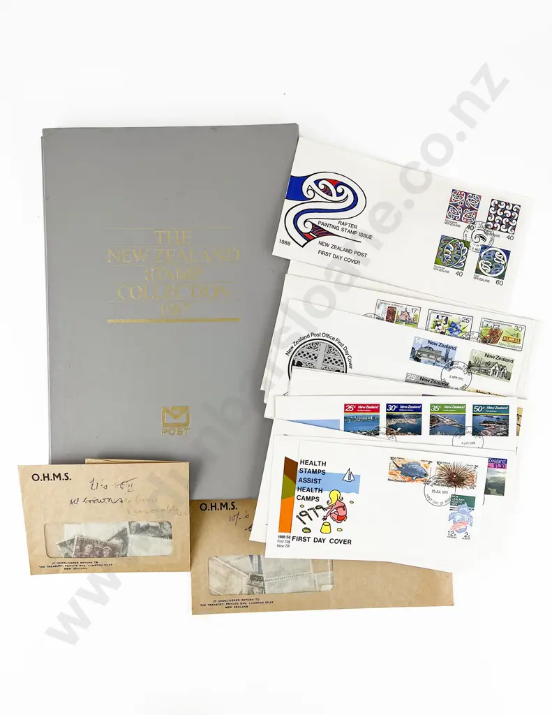 NZ 1987 Stamp Collection with NZ and UK FDC's and Assorted Image 1++