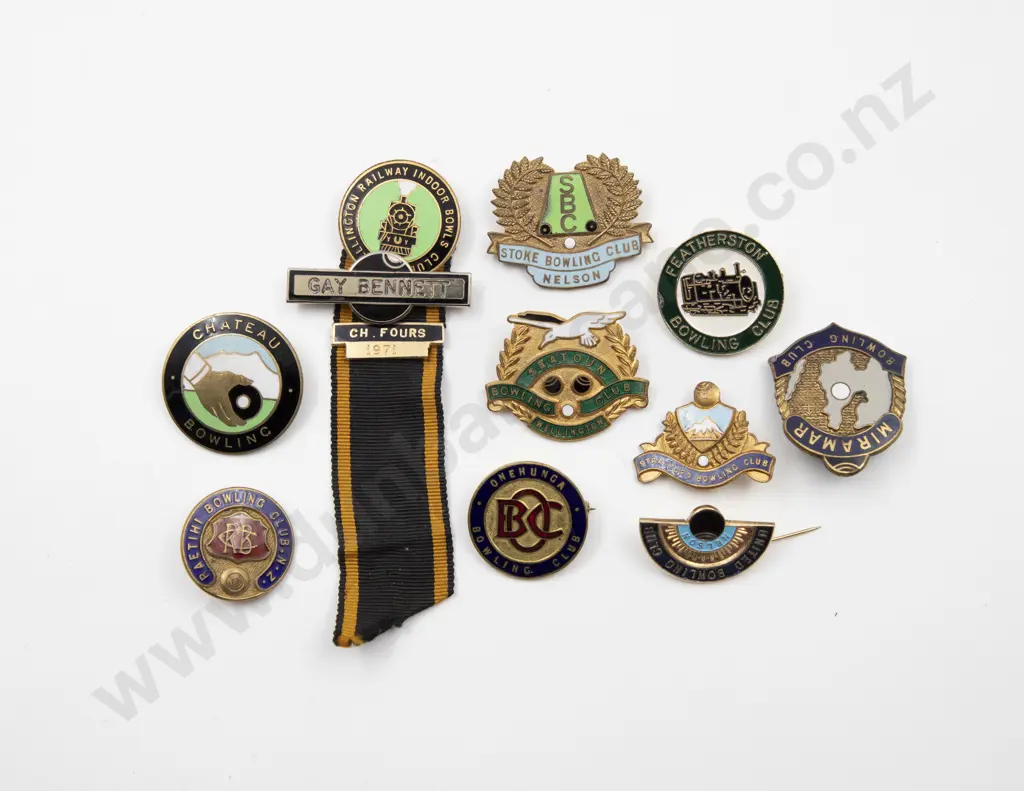 Collection Ten Enamelled NZ Bowling Club Badges Image 1++
