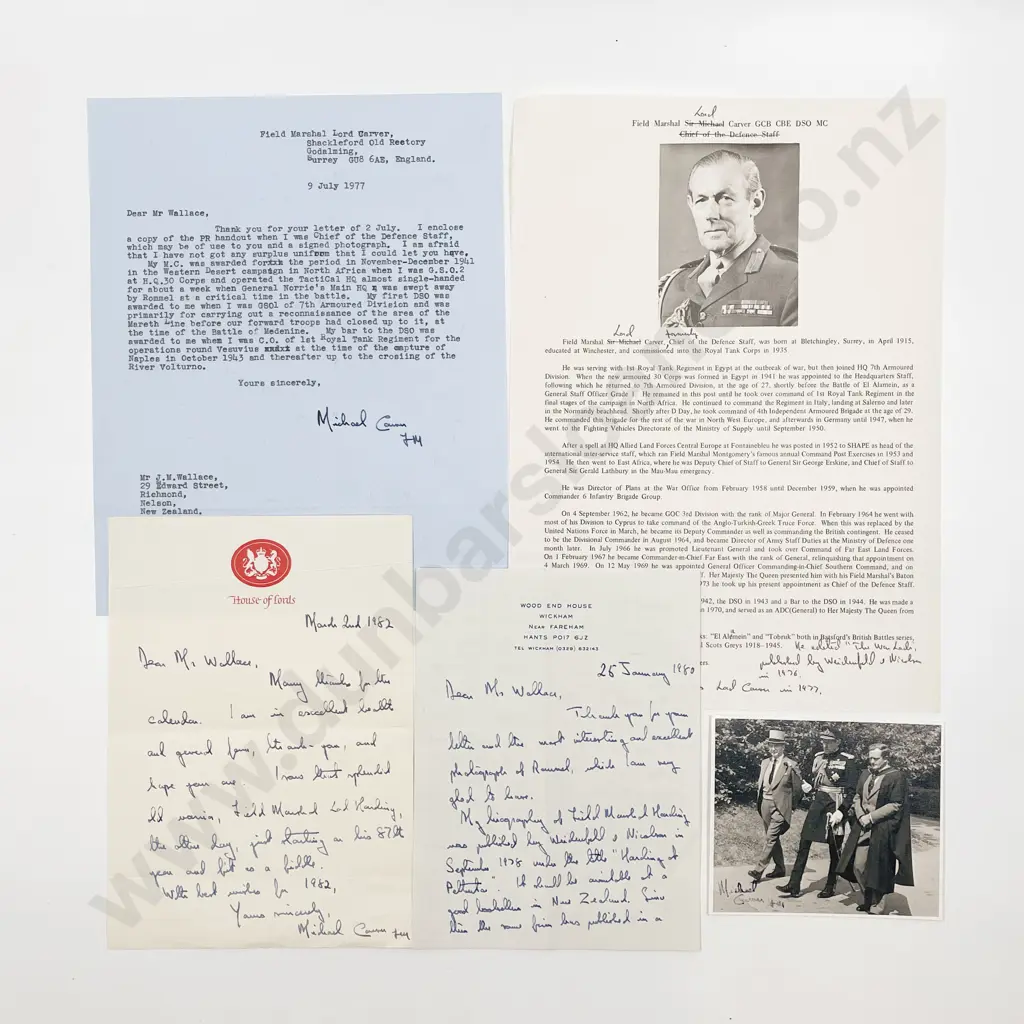 Autographed photograph of Field Marshal Lord Carver and Three Handwritten Letters 1977/80 Image 1++