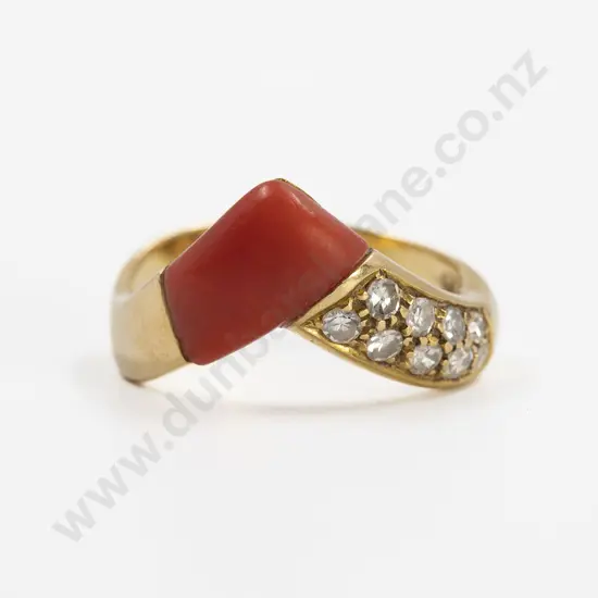 18ct Red Coral and Nine Stone Diamond Fancy Band Ring