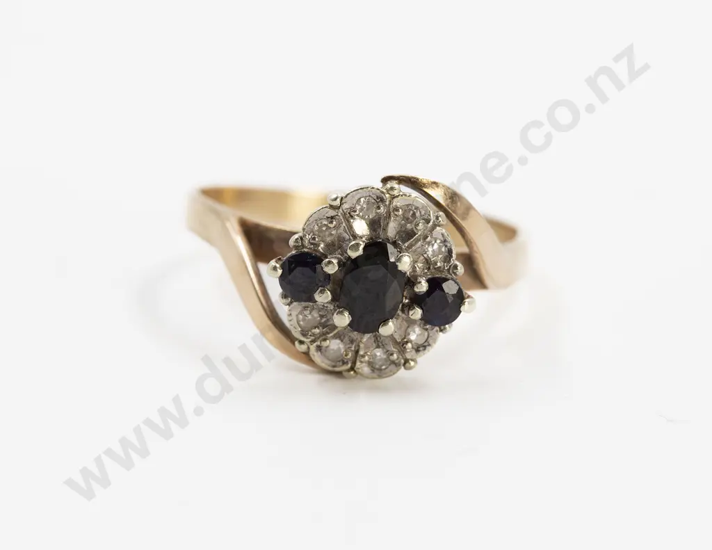 9ct Eleven Stone Sapphire and Diamond Floret Cluster Ring Image 1++