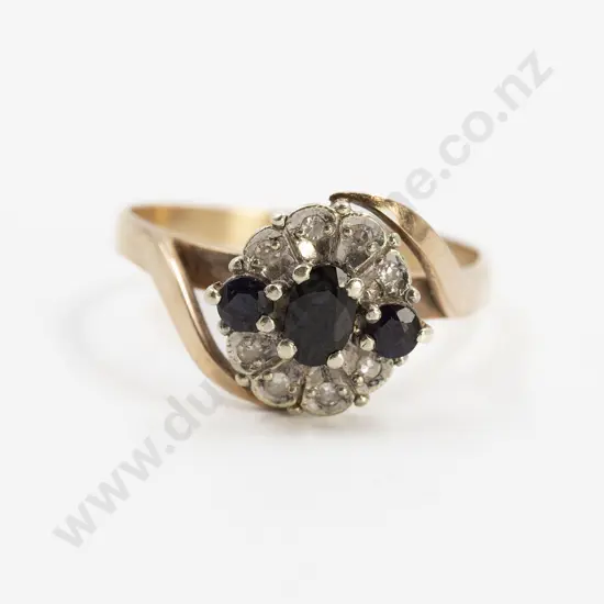 9ct Eleven Stone Sapphire and Diamond Floret Cluster Ring