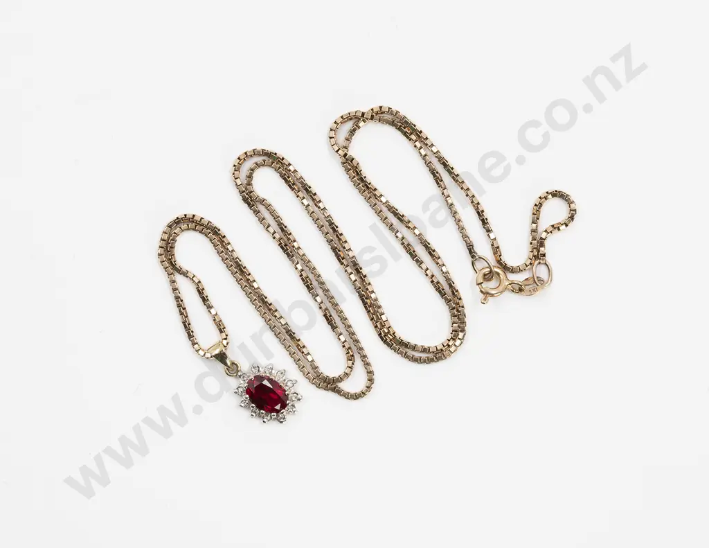 9ct Synthetic Ruby and Diamond Cluster Pendant Image 1++