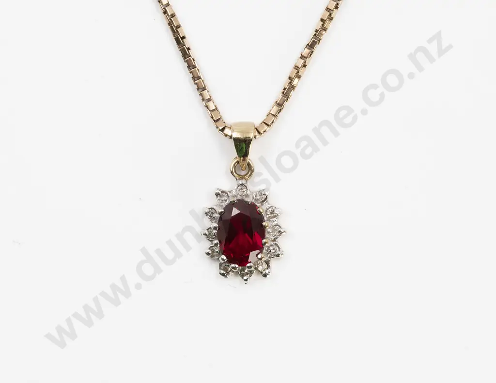 9ct Synthetic Ruby and Diamond Cluster Pendant Image 1++
