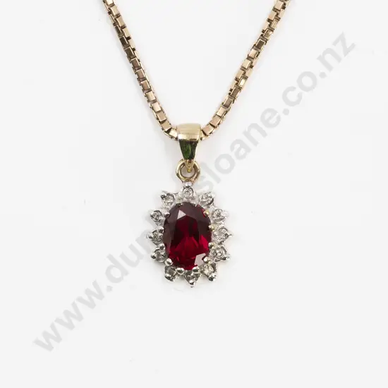 9ct Synthetic Ruby and Diamond Cluster Pendant