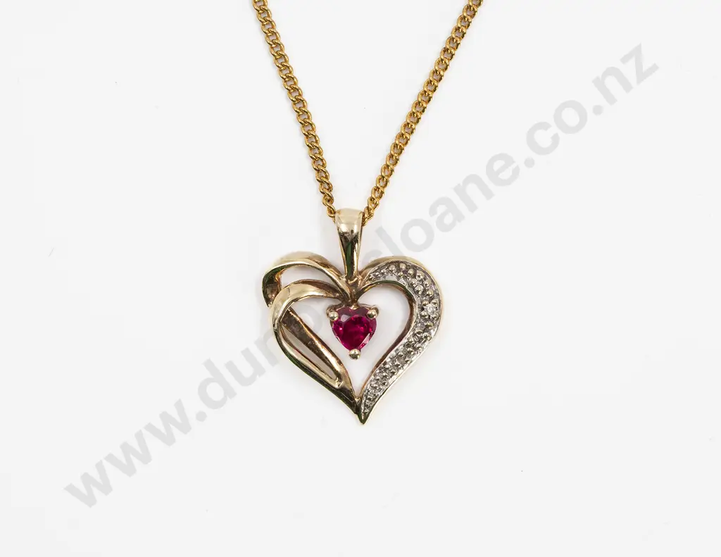 9ct Synthetic Ruby and Three Stone Diamond Heart Pendant Image 1++