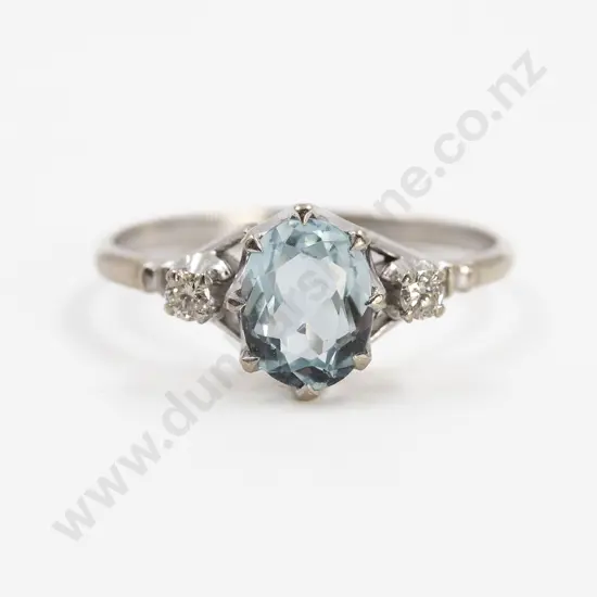 14ct White Gold Three Stone Aquamarine and Diamond Bridge Ring