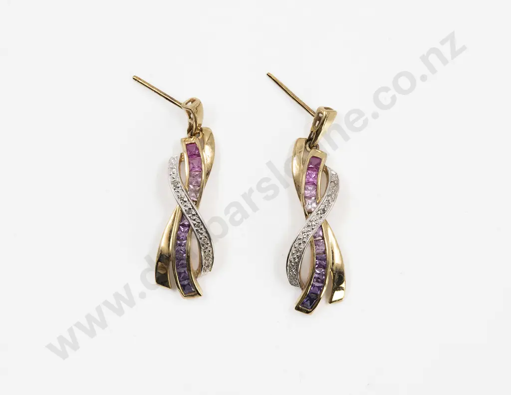 Pair 9ct Multi-Gem and Diamond Pendant Drop Earrings Image 1++