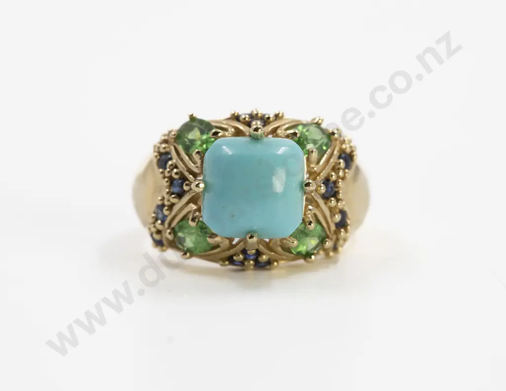 14ct Turquoise Peridot and Sapphire Fancy Dress Ring Image 1++