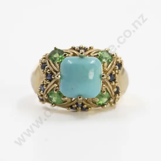 14ct Turquoise Peridot and Sapphire Fancy Dress Ring