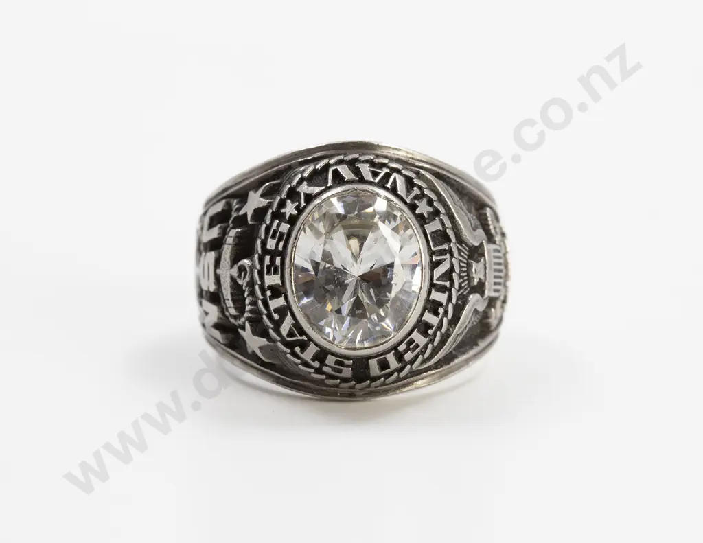 Stainless Steel and Crystal United States Navy Ring Image 1++