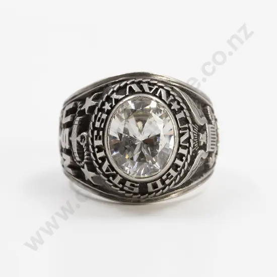 Stainless Steel and Crystal United States Navy Ring