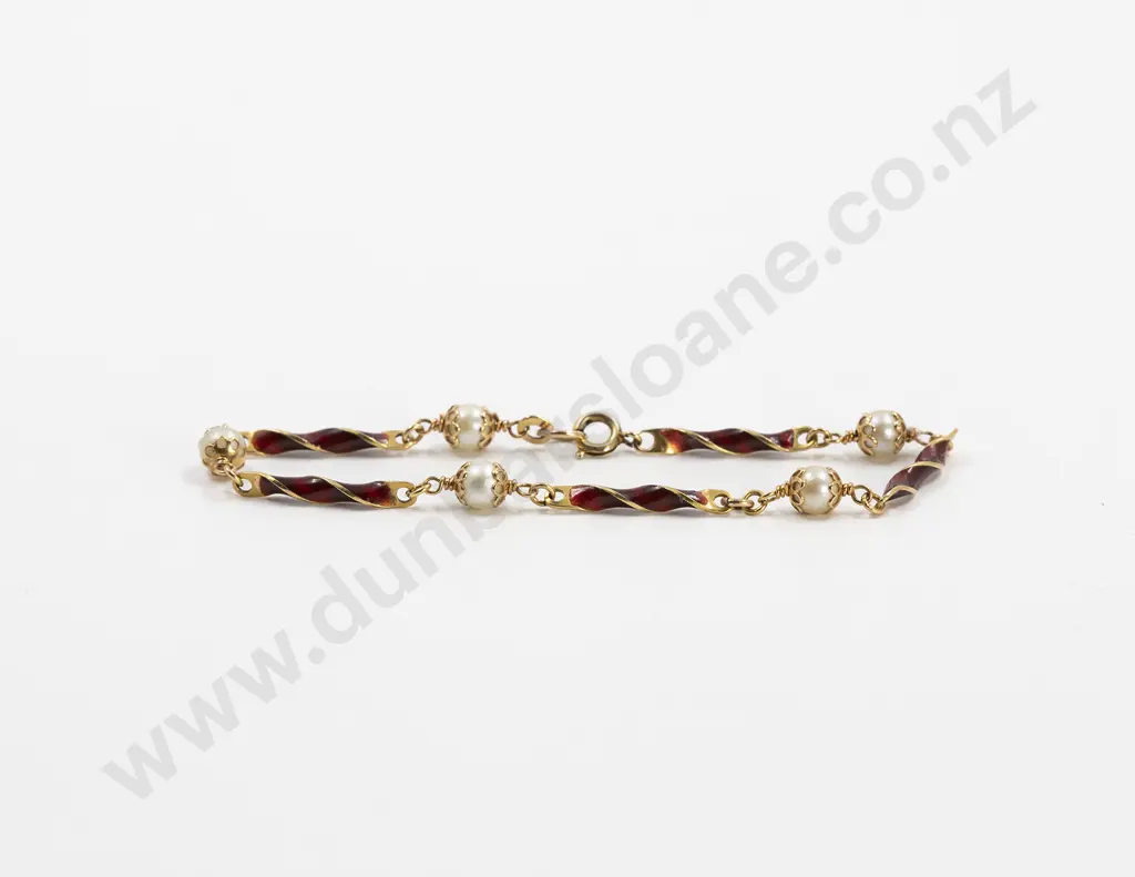 18ct Red Enamel Bar Twist and Pearl Bracelet Image 1++