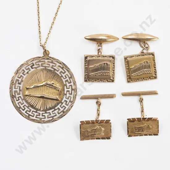 Two Pair 14ct Cuff Links and Circular Pendant
