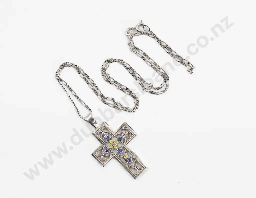 10ct White Gold and 16stone Gem Set Cross Pendant Image 1++
