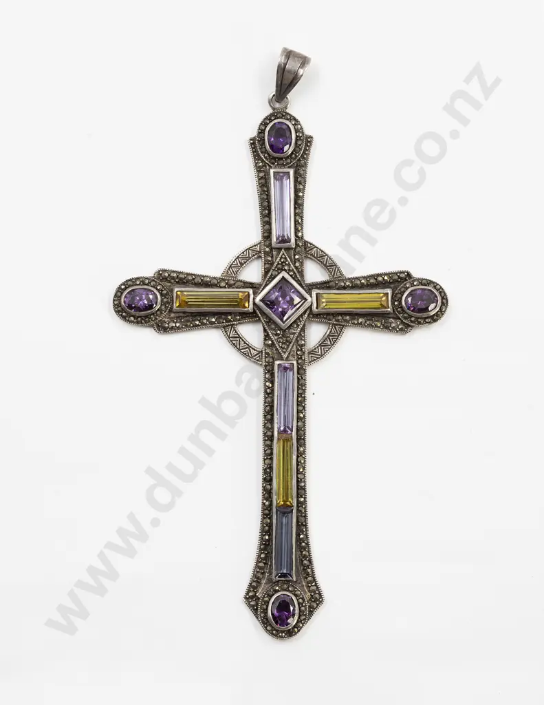 Large .925 Silver Amethyst Citrine and Marcasite Cross Pendant Image 1++