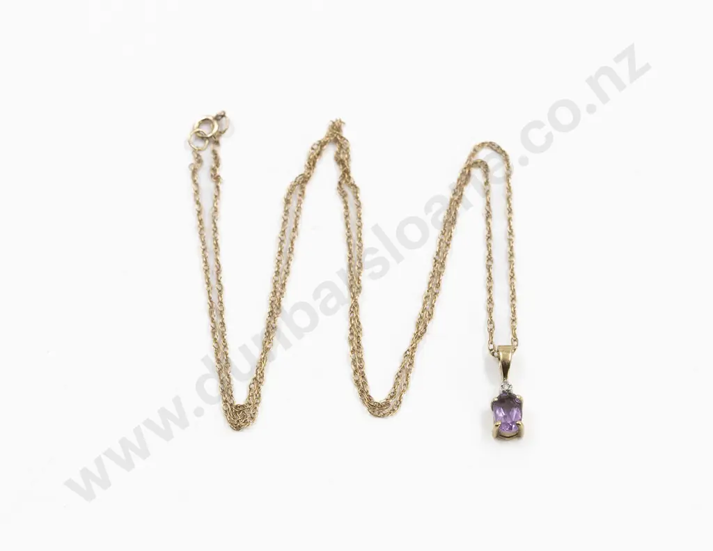 9ct Single Amethyst and Single Cut Diamond Pendant on Fine 9ct Chain Image 1++