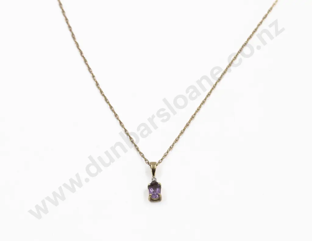 9ct Single Amethyst and Single Cut Diamond Pendant on Fine 9ct Chain Image 1++