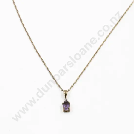 9ct Single Amethyst and Single Cut Diamond Pendant on Fine 9ct Chain