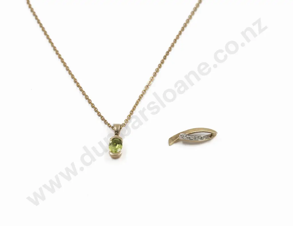 9ct Single Green Peridot Pendant and Four Stone Diamond Pendant Image 1++