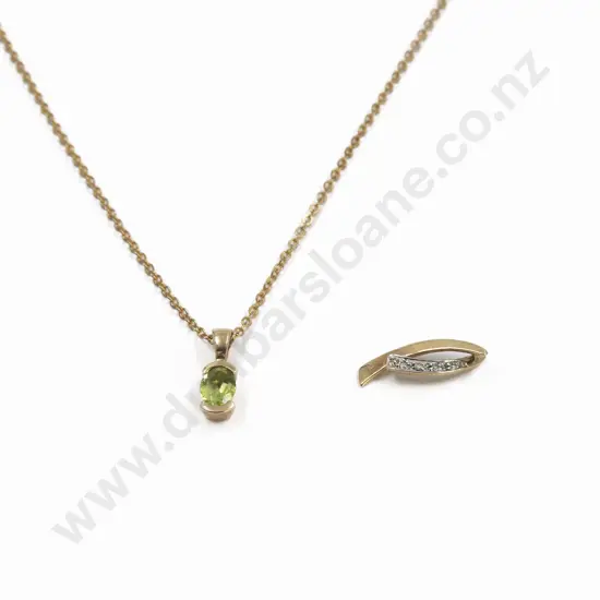 9ct Single Green Peridot Pendant and Four Stone Diamond Pendant