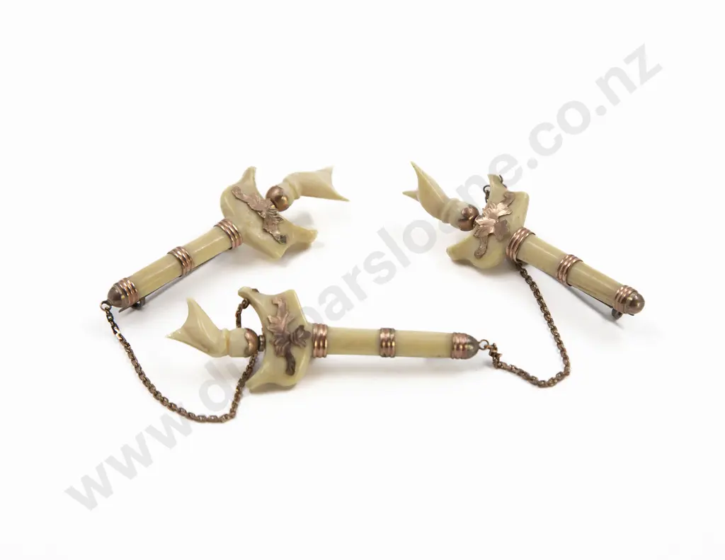 Co-joined Three Gold and Silver Mounted Ivory Kris Brooches Image 1++