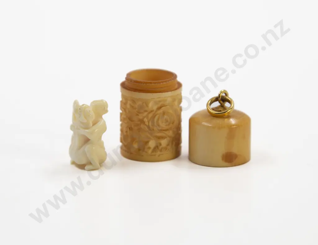 Carved Ivory Canister Pendant with Small Exotic Figure Image 1++