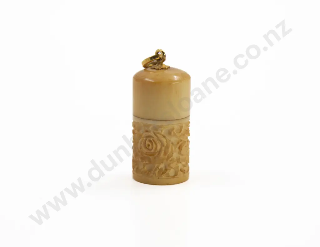 Carved Ivory Canister Pendant with Small Exotic Figure Image 1++