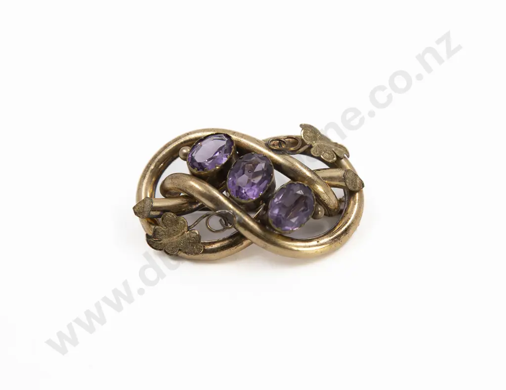 Large Victorian Gold Plated Three Amethyst Paste Scroll Brooch Image 1++