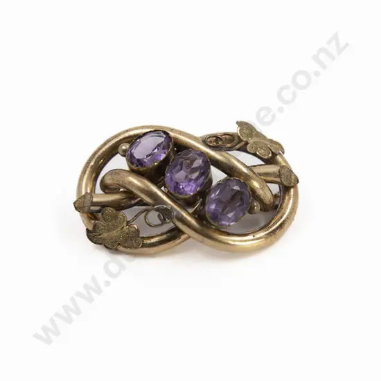 Large Victorian Gold Plated Three Amethyst Paste Scroll Brooch