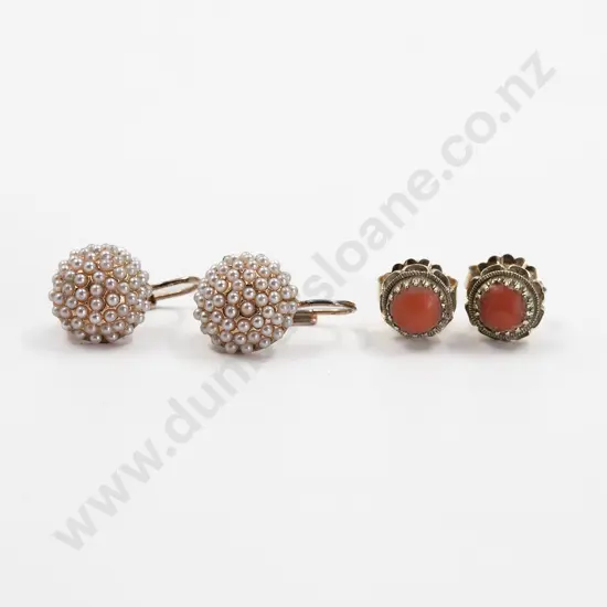 Pair Vintage 14ct Single Coral Fancy Earrings
