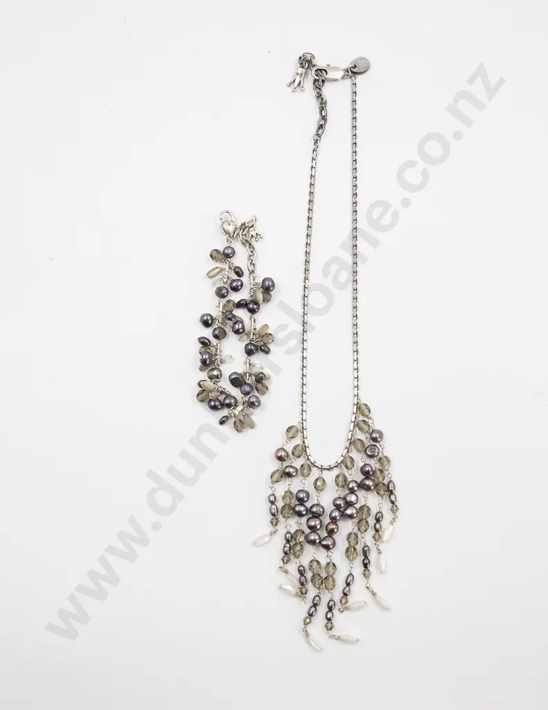 Dyrberg Kern White Metal Crystal and Freshwater Pearl Necklace and Bracelet Image 1++