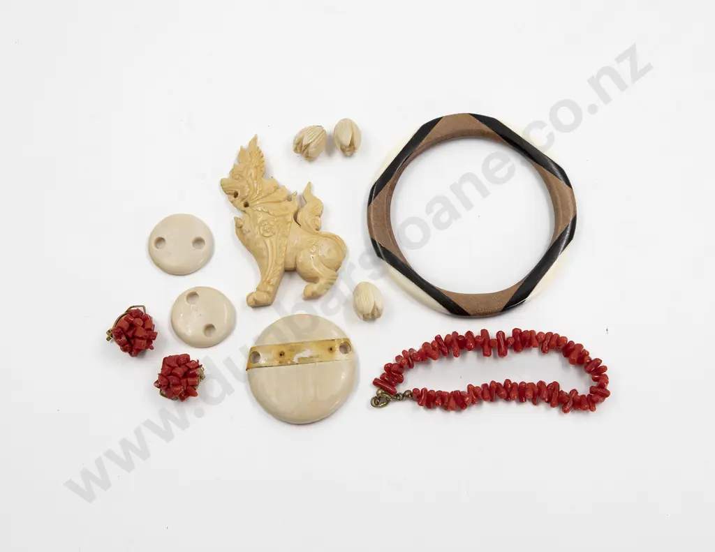 Red Coral Bracelet and Clip Earring and Ivory Pieces Image 1++
