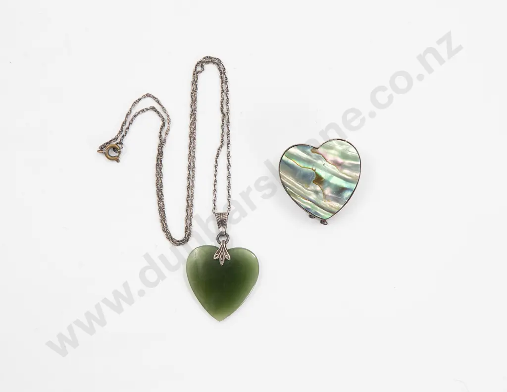 S/S and Paua Heart Brooch with Greenstone heart pendant Image 1++