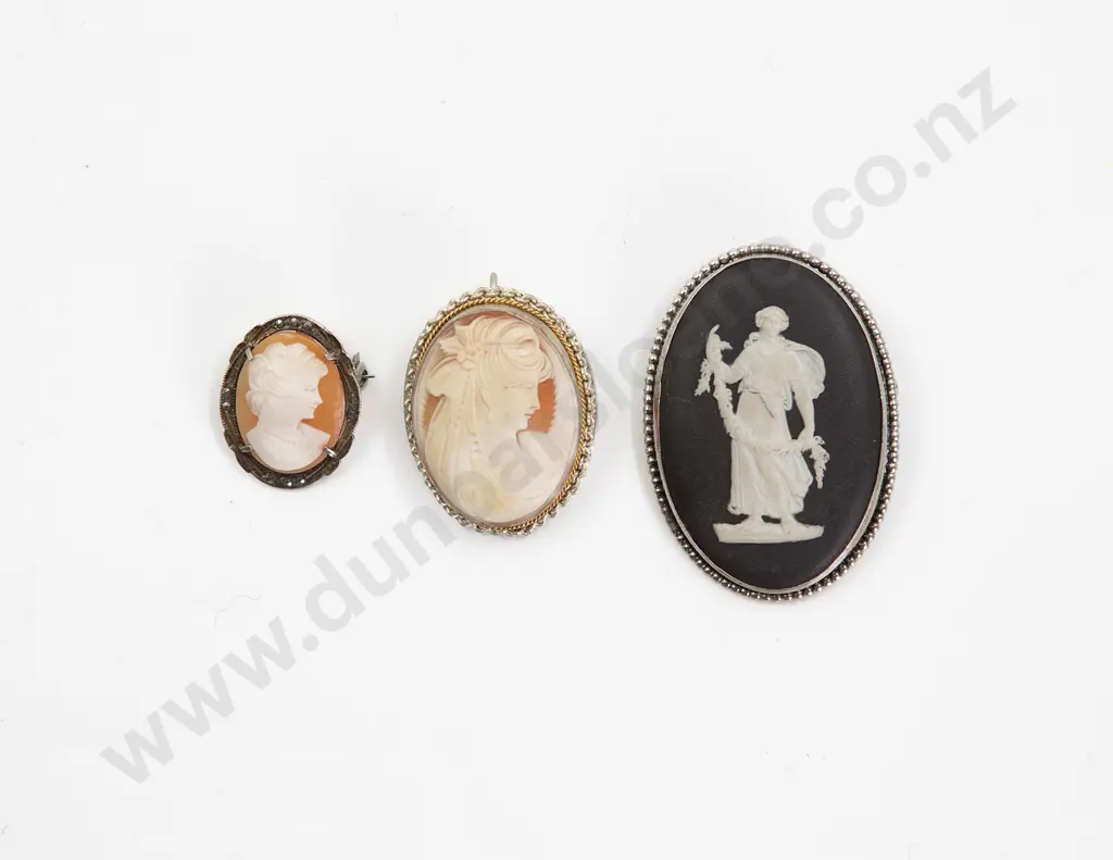 S/S Framed Wedgwood Black Basalt Brooch and Two Cameo Brooches Image 1++