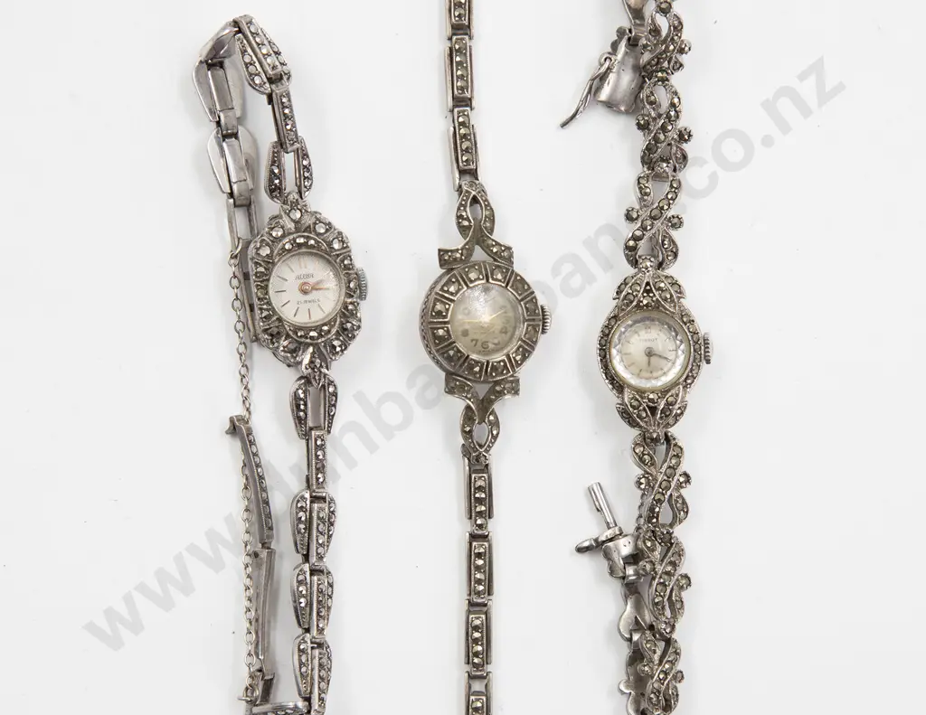 Three Various Design Silver and Marcasite Ladies Wrist Watches Image 1++