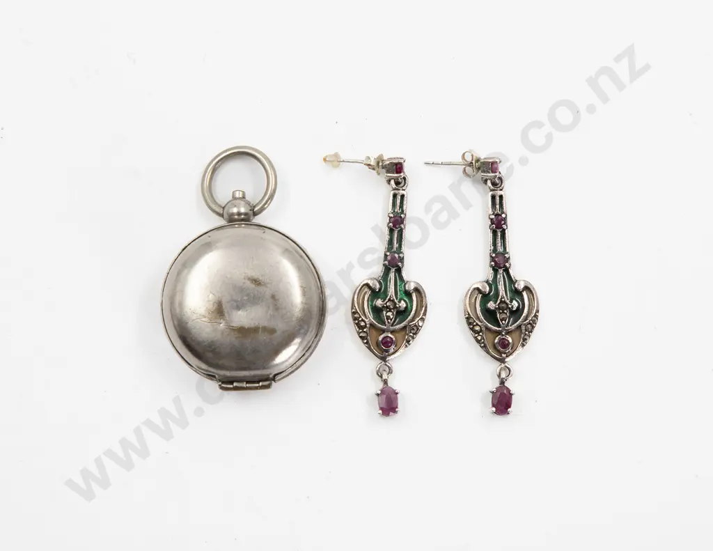 Pair .925 Silver Ruby & Marcasite Enamel Pendant Earrings Image 1++