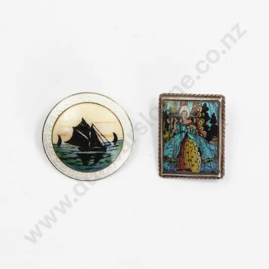 S/S and Enamel Picture Brooch and Butterfly Wing Brooch