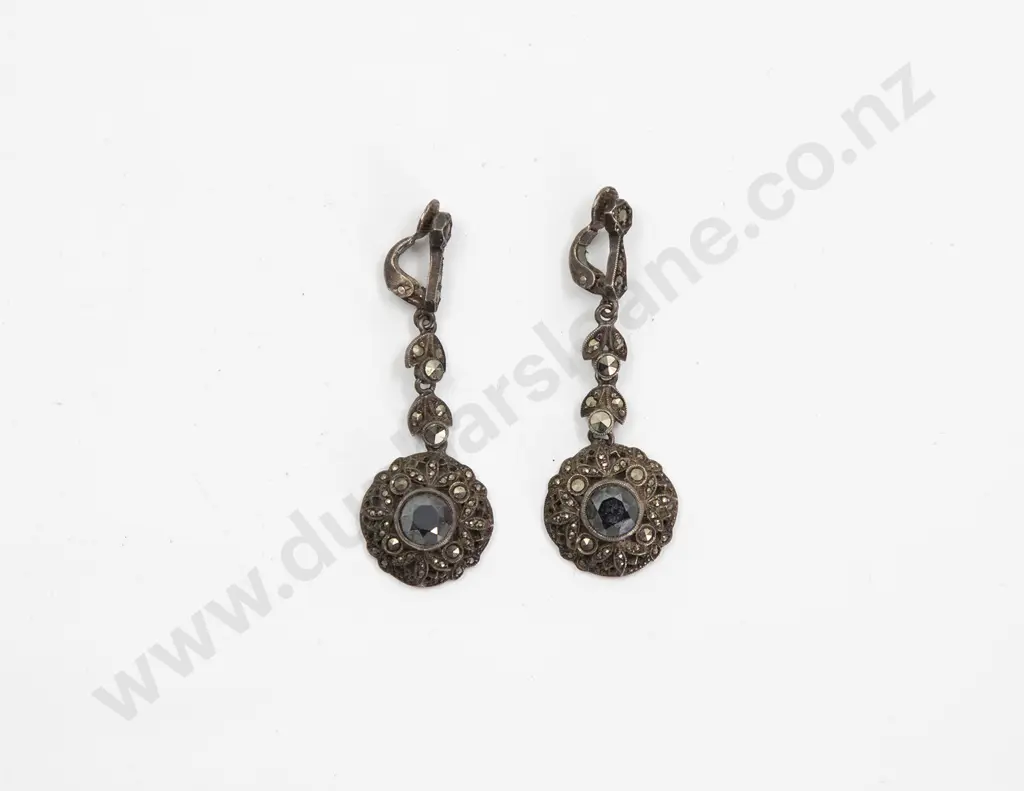 Pair Vintage Silver and Marcasite Pendant Earrings Image 1++