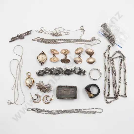 Selection Assorted Silver Chains and Various Jewellery Gemstone brooch and box