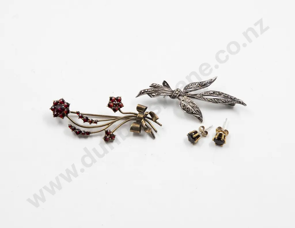 Silver Gilt Garnet Spray Brooch and S/S Marcasite Leaf Spray Brooch Image 1++