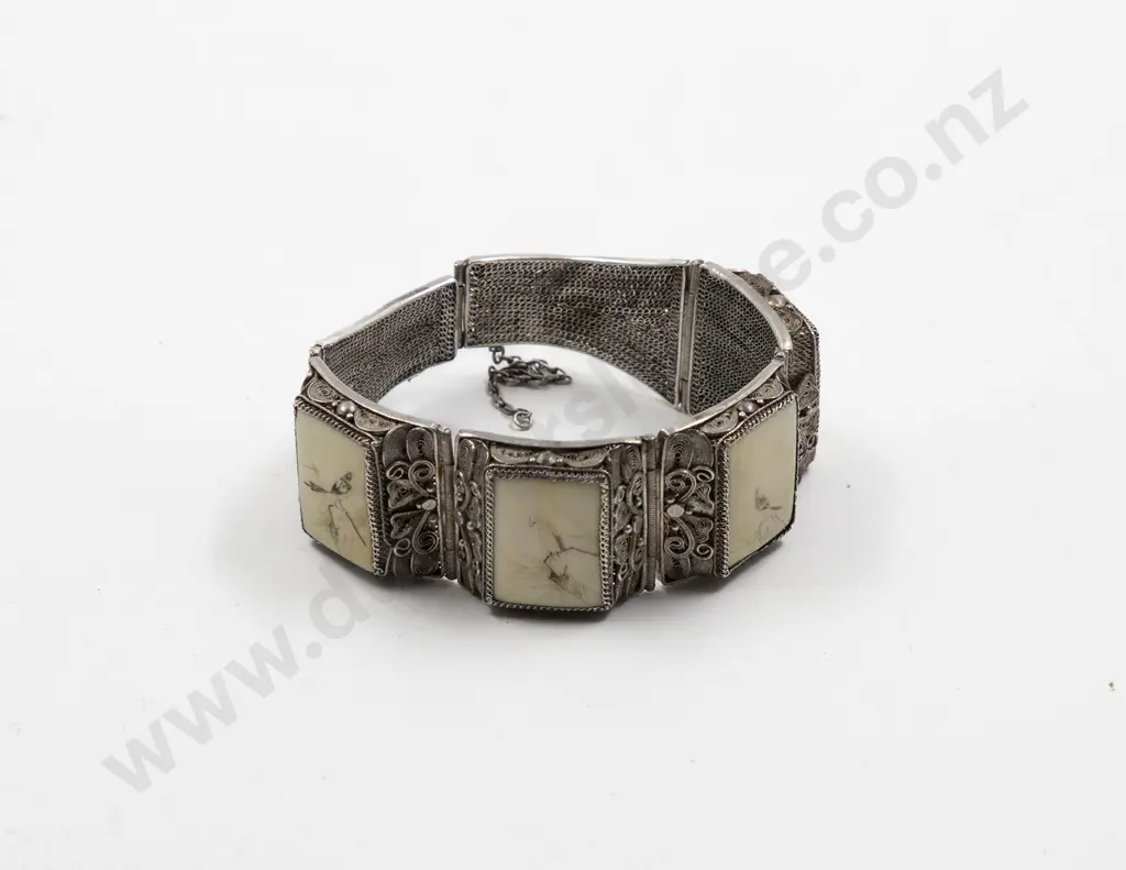 Chinese Filigree Silver and Four Panel Ivory Bracelet Image 1++
