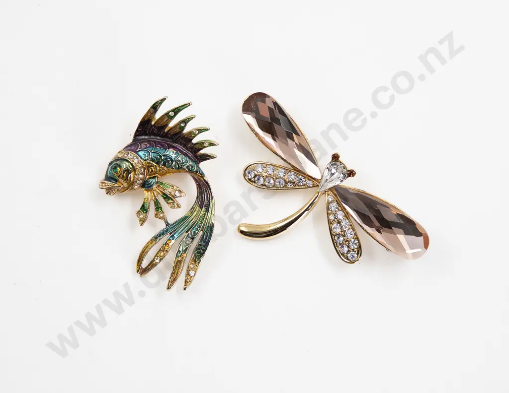 Costume Crystal Set Dragonfly Brooch and Enamel Fish Brooch Image 1++
